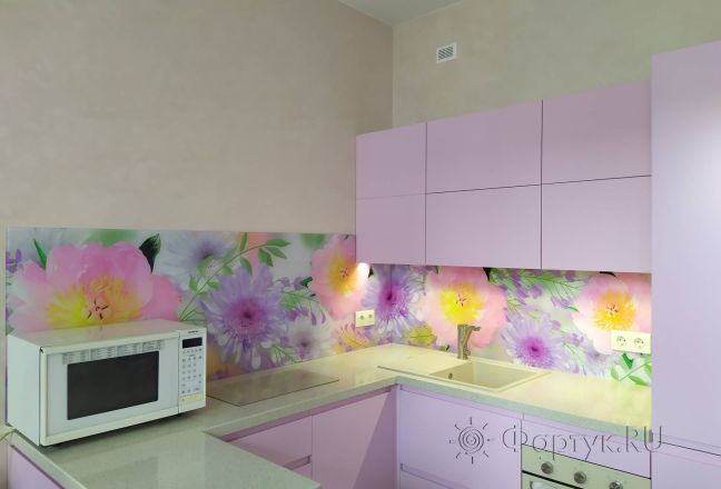 Фартук фото: крупные цветы, заказ #ИНУТ-9764, Фиолетовая кухня.