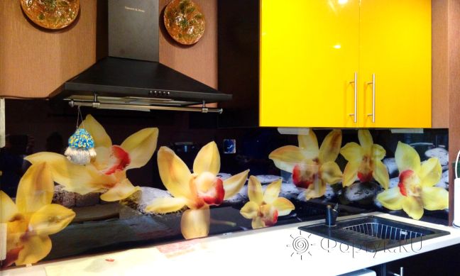 Скинали для кухни фото: крупные желтые орхидеи, заказ #УТ-962, Желтая кухня.