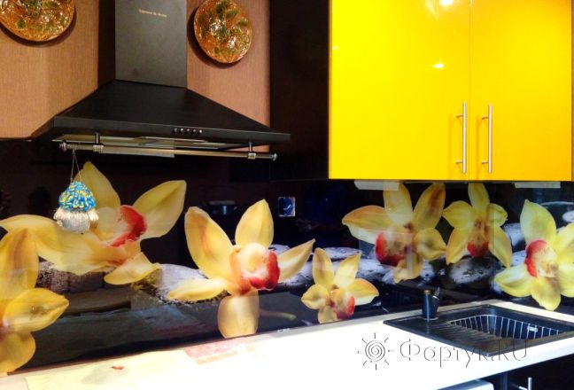 Скинали для кухни фото: крупные желтые орхидеи, заказ #УТ-962, Желтая кухня.