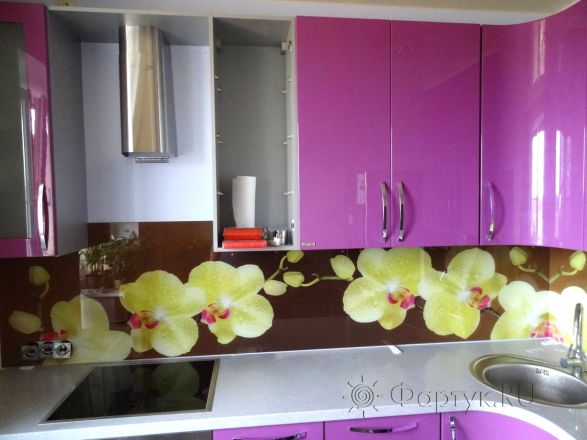 Фартук фото: крупные желтые орхидеи, заказ #S-439, Фиолетовая кухня.
