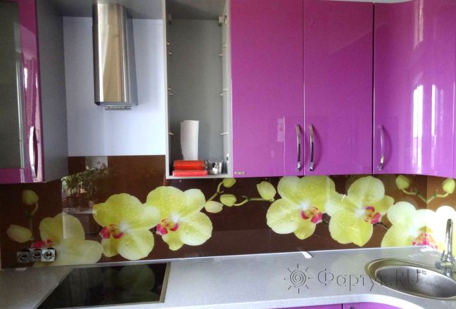 Фартук фото: крупные желтые орхидеи, заказ #S-439, Фиолетовая кухня.