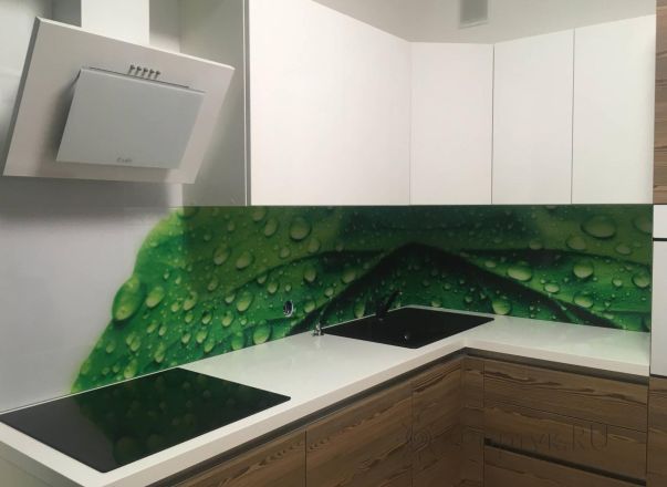 Фартук с фотопечатью фото: крупный зеленый лист и роса, заказ #КРУТ-1124, Коричневая кухня.