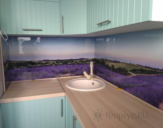 Стеклянная фото панель: лавандовое поле, заказ #ИНУТ-3655, Синяя кухня.