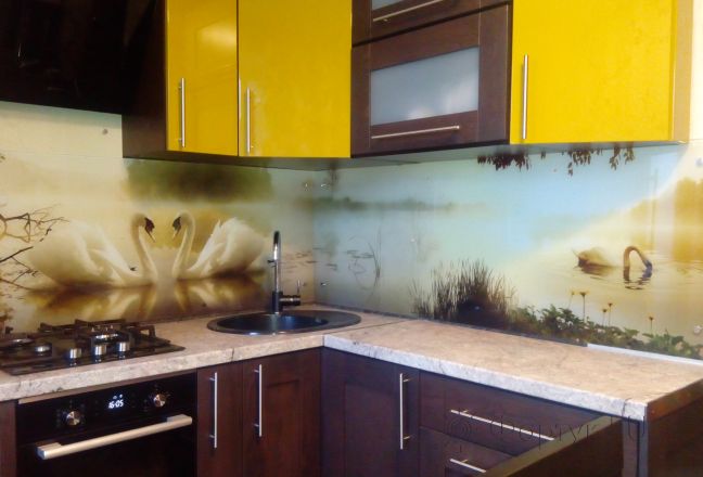 Скинали для кухни фото: лебеди на озере, заказ #ИНУТ-705, Желтая кухня. Изображение 186686
