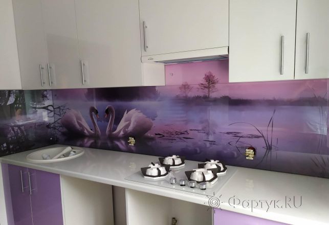 Фартук фото: лебеди в пруду, заказ #ИНУТ-3621, Фиолетовая кухня.