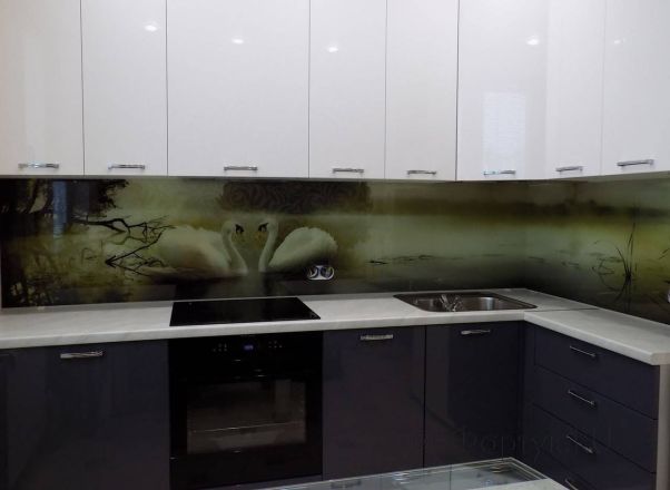 Стеновая панель фото: лебеди в пруду, заказ #УТ-271, Серая кухня.