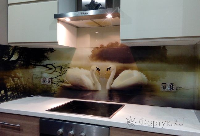 Фартук с фотопечатью фото: лебеди в тумане на озере, заказ #ИНУТ-160, Коричневая кухня. Изображение 87424