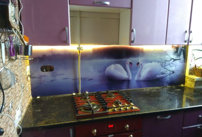 Фартук фото: лебеди в туманной дымке, заказ #ИНУТ-206, Фиолетовая кухня. Изображение 147118