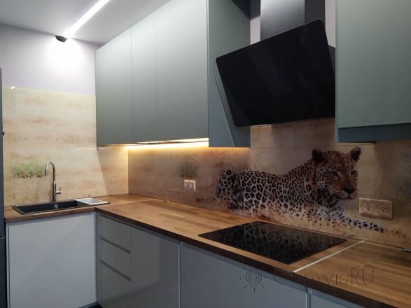 Стеновая панель фото: леопард в саванне, заказ #ИНУТ-9061, Серая кухня.