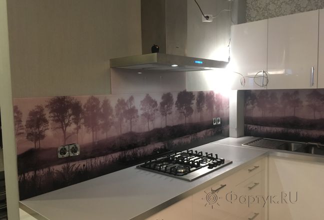 Фартук для кухни фото: лес на берегу в черно-белом цвете, заказ #КРУТ-526, Белая кухня. Изображение 188158