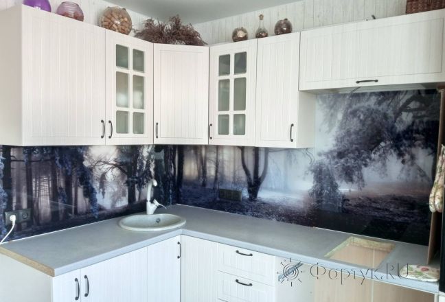 Фартук для кухни фото: лес в тумане, заказ #КРУТ-3836, Белая кухня.