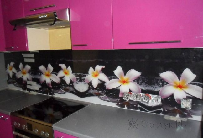 Фартук фото: лилии на камнях у воды., заказ #S-1426, Фиолетовая кухня. Изображение 111972
