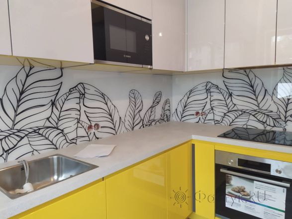 Скинали для кухни фото: листья на белом фоне, заказ #ИНУТ-10100, Желтая кухня.