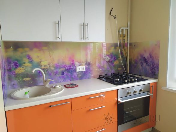 Фартук стекло фото: луговые цветы, заказ #ИНУТ-9956, Оранжевая кухня.
