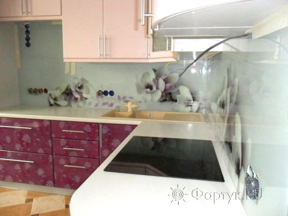 Фартук фото: магнолии на белом фоне., заказ #SN-263, Фиолетовая кухня.
