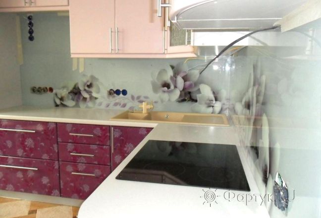 Фартук фото: магнолии на белом фоне., заказ #SN-263, Фиолетовая кухня. Изображение 112712