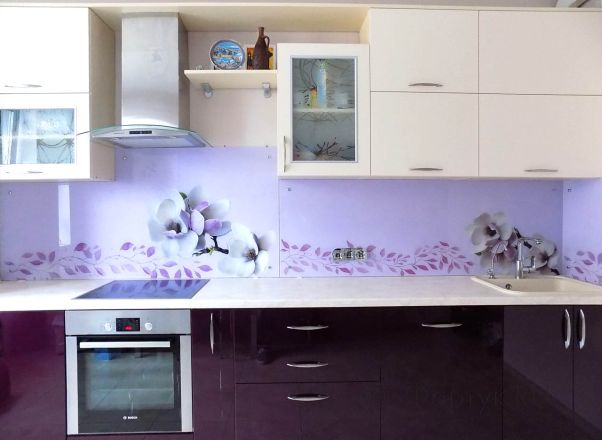 Фартук фото: магнолия, заказ #УТ-644, Фиолетовая кухня.