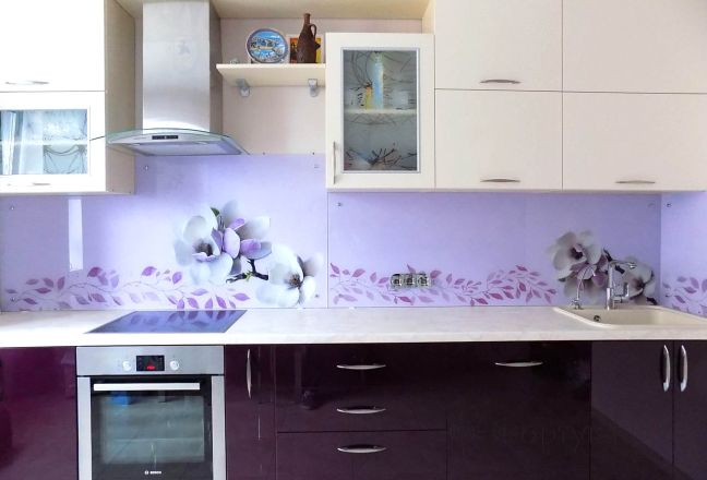 Фартук фото: магнолия, заказ #УТ-644, Фиолетовая кухня.