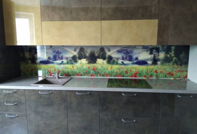 Стеновая панель фото: маковое поле у деревушки, заказ #ИНУТ-3971, Серая кухня.