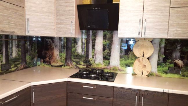 Стеновая панель фото: медведи в лесу., заказ #УТ-176, Серая кухня.