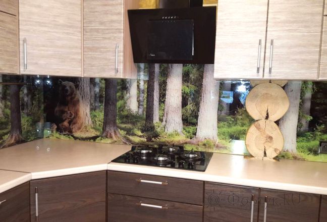 Стеновая панель фото: медведи в лесу., заказ #УТ-176, Серая кухня.
