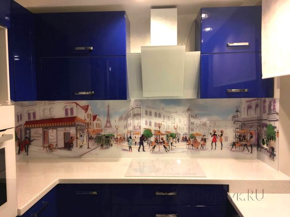 Стеклянная фото панель: многолюдная улица, заказ #КРУТ-334, Синяя кухня.