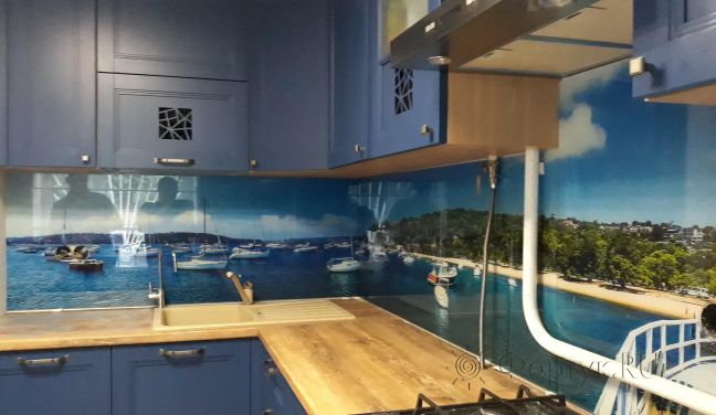 Стеклянная фото панель: морская синева, заказ #ИНУТ-1707, Синяя кухня.