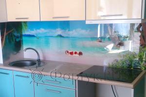 Стеклянная фото панель: морской берег, заказ #УТ-742, Синяя кухня.