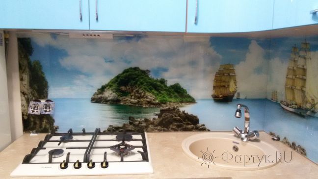 Стеклянная фото панель: морской пейзаж, заказ #ГМУТ-711, Синяя кухня.