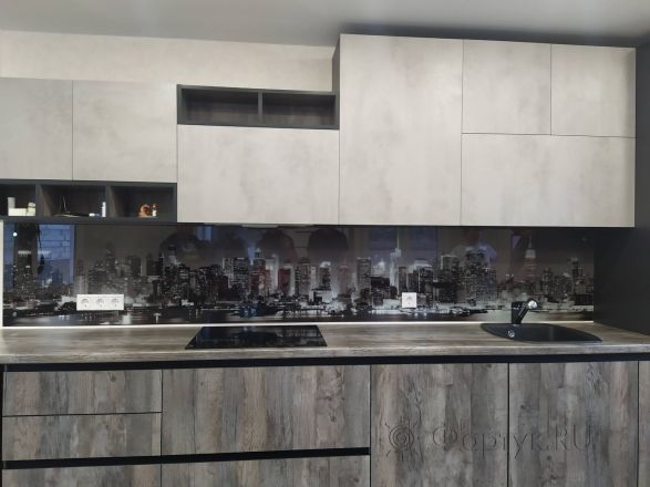 Стеновая панель фото: набережная ночного нью-йорка в серых тонах, заказ #ИНУТ-10653, Серая кухня.