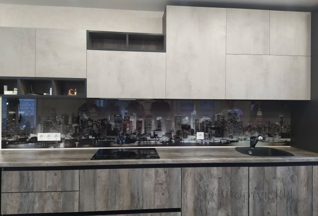 Стеновая панель фото: набережная ночного нью-йорка в серых тонах, заказ #ИНУТ-10653, Серая кухня. Изображение 181694