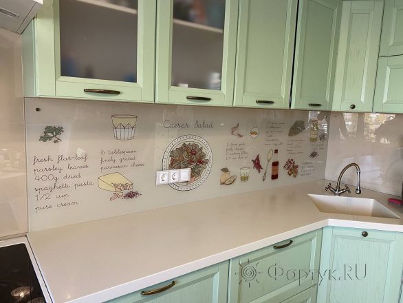 Скинали для кухни фото: надписи и иллюстрации еды на бежевом фоне, заказ #КРУТ-2868, Зеленая кухня.