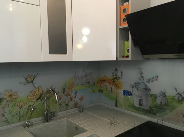 Фартук для кухни фото: нарисованные мельницы, заказ #КРУТ-657, Белая кухня.
