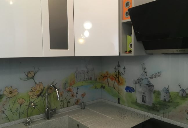 Фартук для кухни фото: нарисованные мельницы, заказ #КРУТ-657, Белая кухня. Изображение 208576