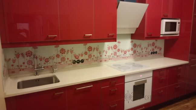 Скинали фото: нарисованные розовые цветы, заказ #УТ-1367, Красная кухня.