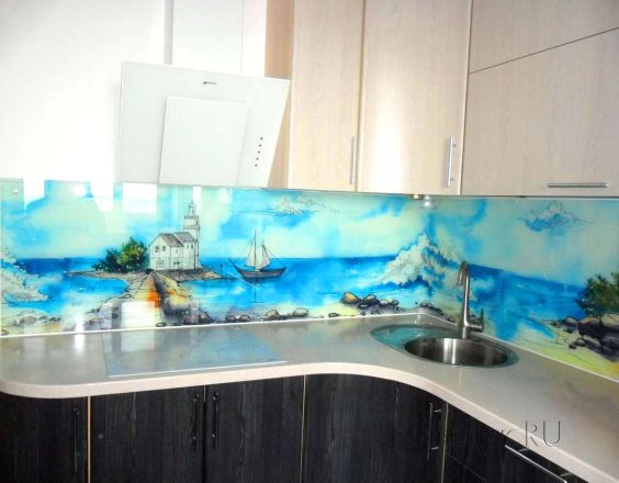 Стеновая панель фото: нарисованный пейзаж., заказ #S-1118, Серая кухня.