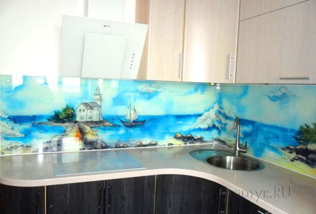 Стеновая панель фото: нарисованный пейзаж., заказ #S-1118, Серая кухня.