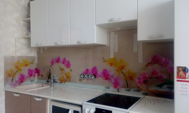 Фартук для кухни фото: невероятно нежные орхидеи, заказ #ИНУТ-1099, Белая кухня.