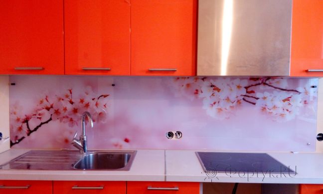 Фартук стекло фото: нежные ветки сакуры, заказ #УТ-1513, Оранжевая кухня.