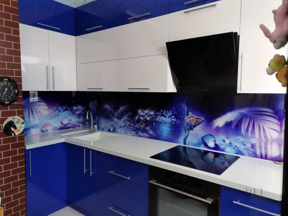 Стеклянная фото панель: нежный коллаж, заказ #ИНУТ-8424, Синяя кухня.