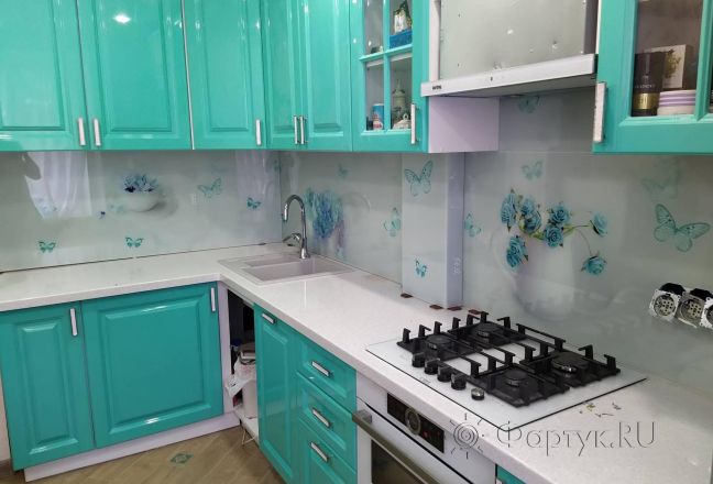 Стеклянная фото панель: нежный цветочный коллаж, заказ #ИНУТ-5612, Синяя кухня. Изображение 300130