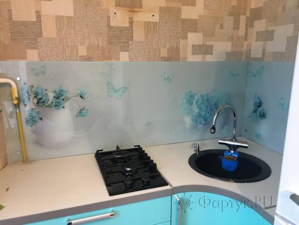 Стеклянная фото панель: нежный цветочный коллаж, заказ #КРУТ-2381, Синяя кухня.