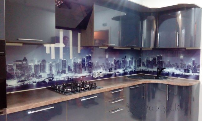 Стеклянная фото панель: ночной город, заказ #ИНУТ-350, Синяя кухня.