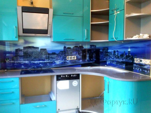 Стеклянная фото панель: ночной город., заказ #SK-704, Синяя кухня.