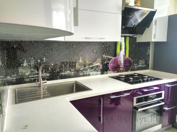 Фартук фото: нью-йорк и орхидея, заказ #РРУТ-55, Фиолетовая кухня.