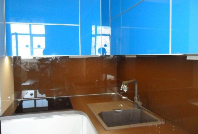 Стеклянная фото панель: однотонно-коричневая заливка., заказ #SN-152, Синяя кухня.