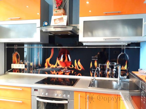 Фартук стекло фото: огонь, заказ #ИНУТ-1401, Оранжевая кухня.