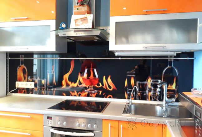 Фартук стекло фото: огонь, заказ #ИНУТ-1401, Оранжевая кухня.