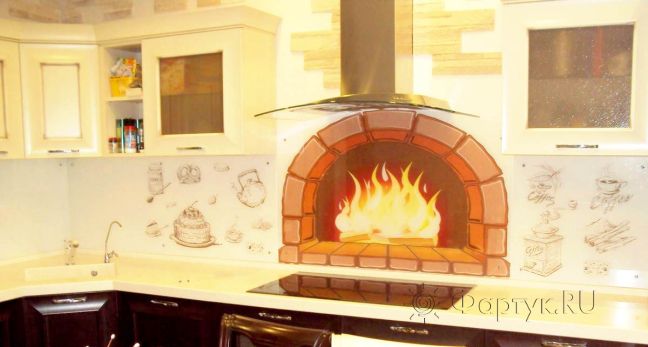 Фартук с фотопечатью фото: огонь в печи и сладости., заказ #НК120524-2, Коричневая кухня.