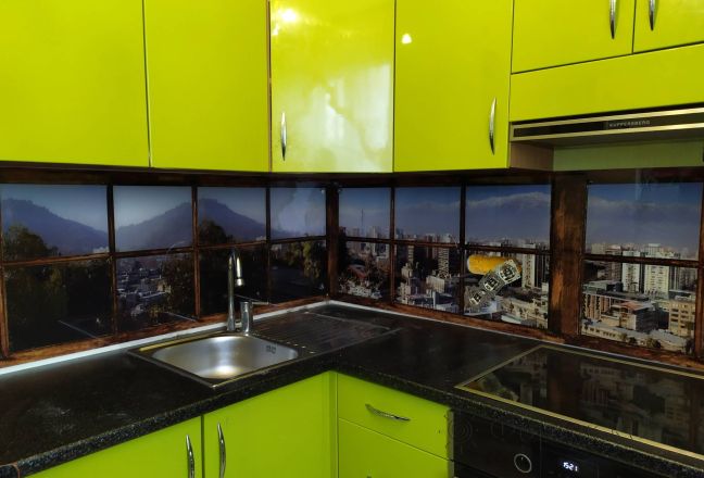 Скинали для кухни фото: окно с видом на город, заказ #ИНУТ-6039, Зеленая кухня. Изображение 249122